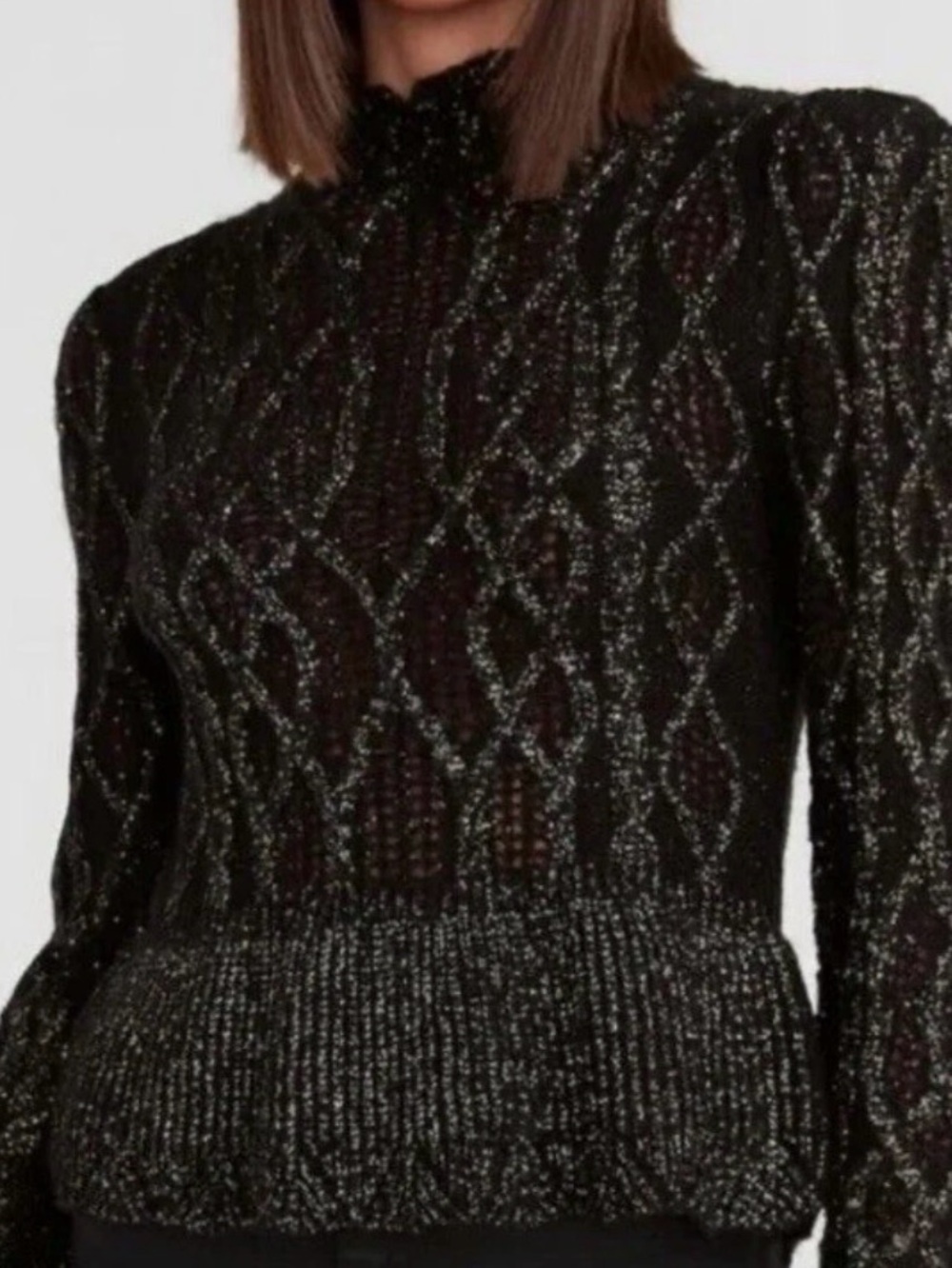 EXPRESS Metallic Pointelle Mock Neck Peplum Sweater L NWT Black Glam Cable Knit